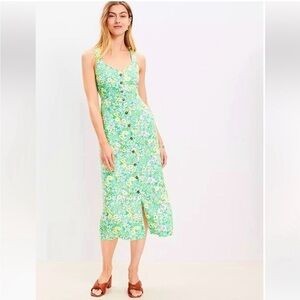 Like New LOFT Green Floral Button-Front Midi Dress
